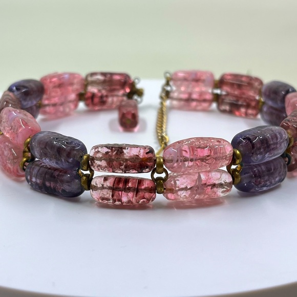 Pink and Purple Double Strand Vintage Choker Style Necklace - Picture 3 of 7